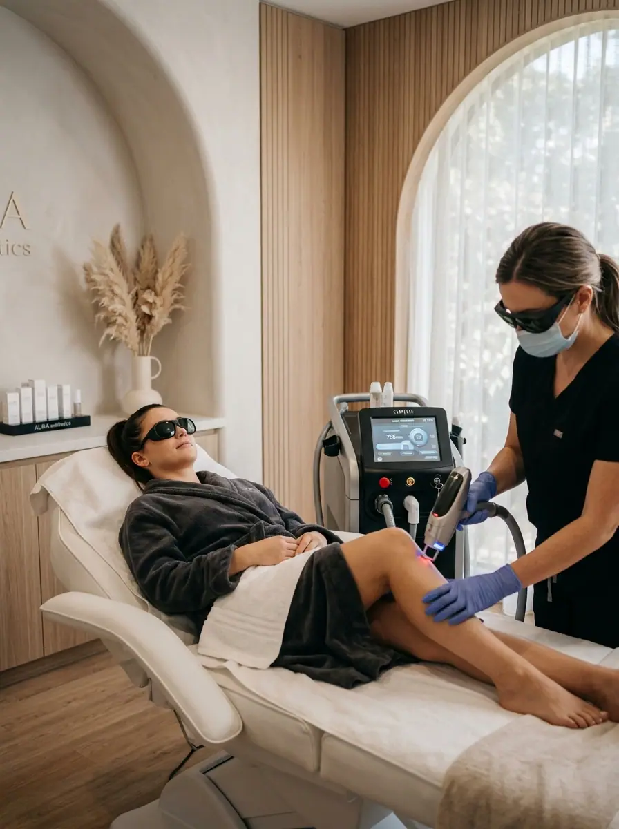 A laser hair removal treatment on a client's leg